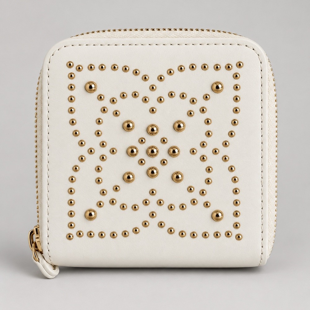 WOLF 1834 Travel Jewelry Case Women Small White Studded Leather Zip Square Boho